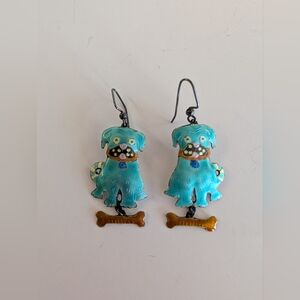 Vintage Sterling Silver Blue Dog Earrings with Moveable Bone Charms